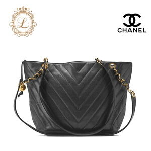 Chanel V stitch double chain shoulder bag ball charm caviar skin black